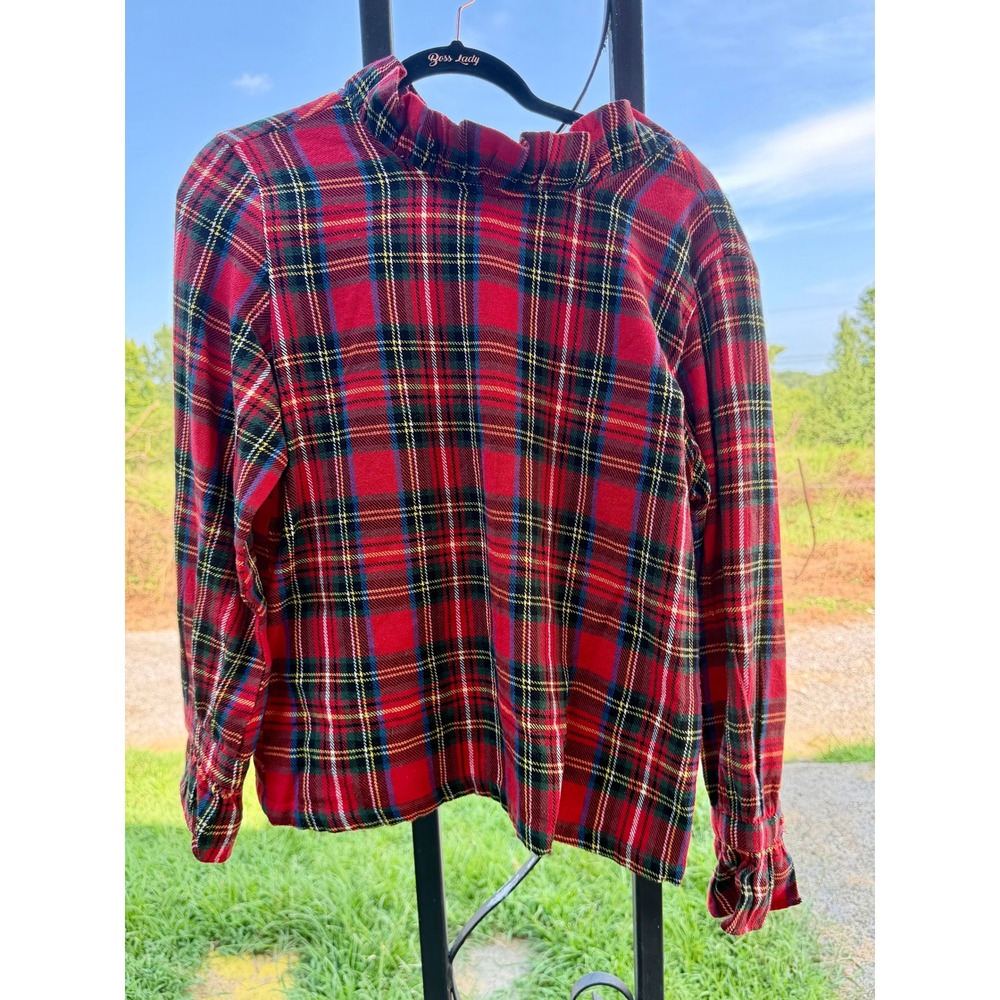 Elizabeth Wilson Red Tartan Plaid Ruffle Collar Cotton Blouse Top Womens Medium